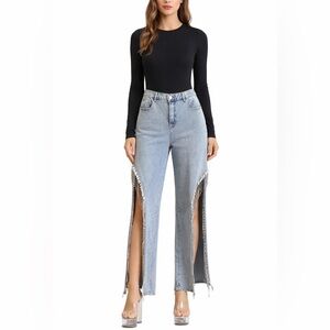 NEW blue b Light Wash Open Leg Rhinestone Fringe Trim High Waist Denim Jeans